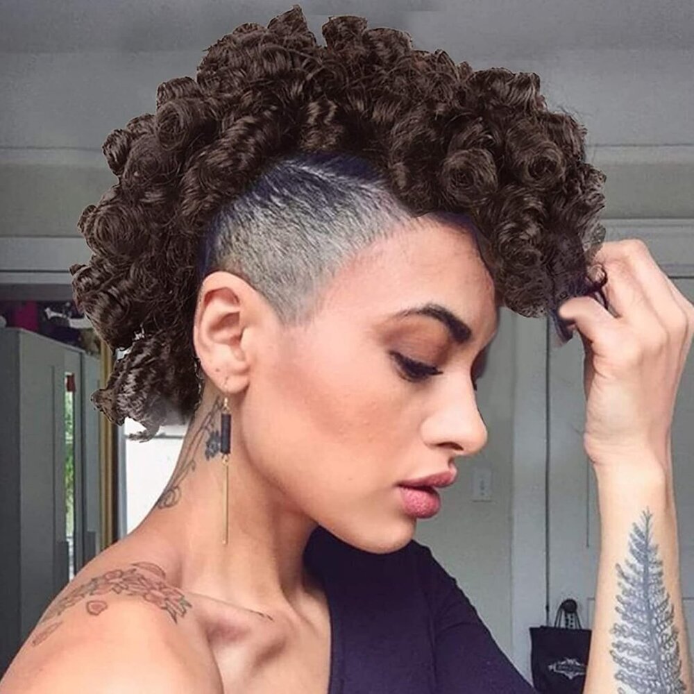 Kinky Curly Mohawk Wig Clip in Hairpiece for Black Women Deep Curl Faux Bangs Af